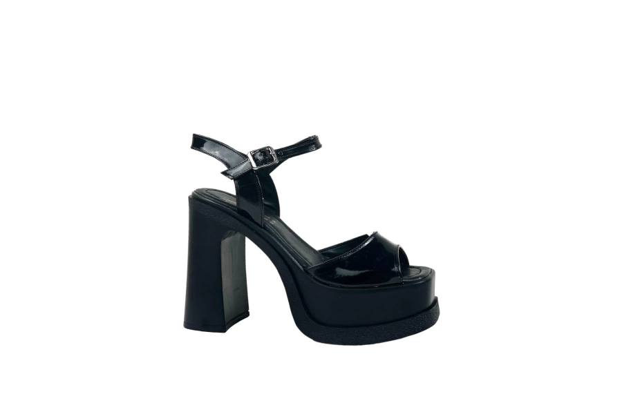 Shoecide Lux Kadın Oklam Siyah Rugan Tek Bant Geliklink Ayakkbısı Sandalet 15 Cm Topuk 1010