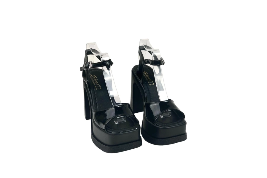 Shoecide Lux Kadın Oklam Siyah Rugan Tek Bant Geliklink Ayakkbısı Sandalet 15 Cm Topuk 1010