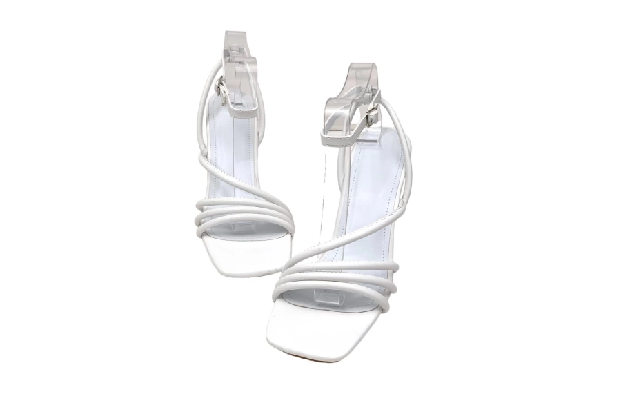 Shoecide Lux Kadın Pakj Beyaz  Biyeli Bilekten Bağlamalı Sandalet 7,5 Cm 9904
