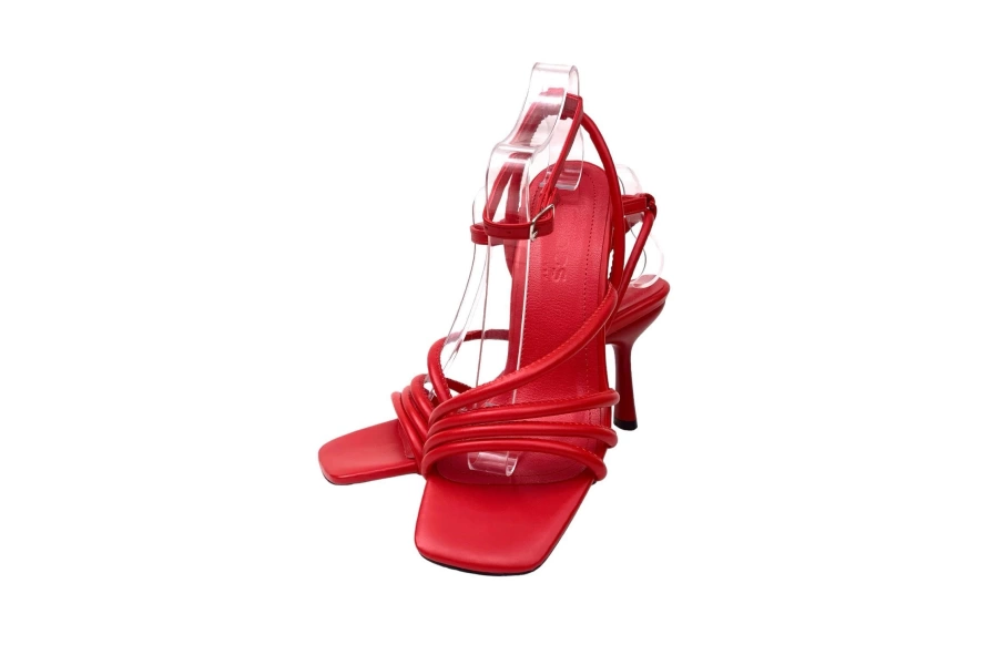 Shoecide Lux Kadın Pakj Kırmızı Biyeli Bilekten Bağlamalı Sandalet 7,5 Cm 9904