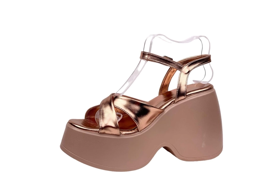 Shoecide Lux Kadın Retya Altın Yüksek Dolgu Topuk Çaprazbant Sandalet 10 Cm Dlg20