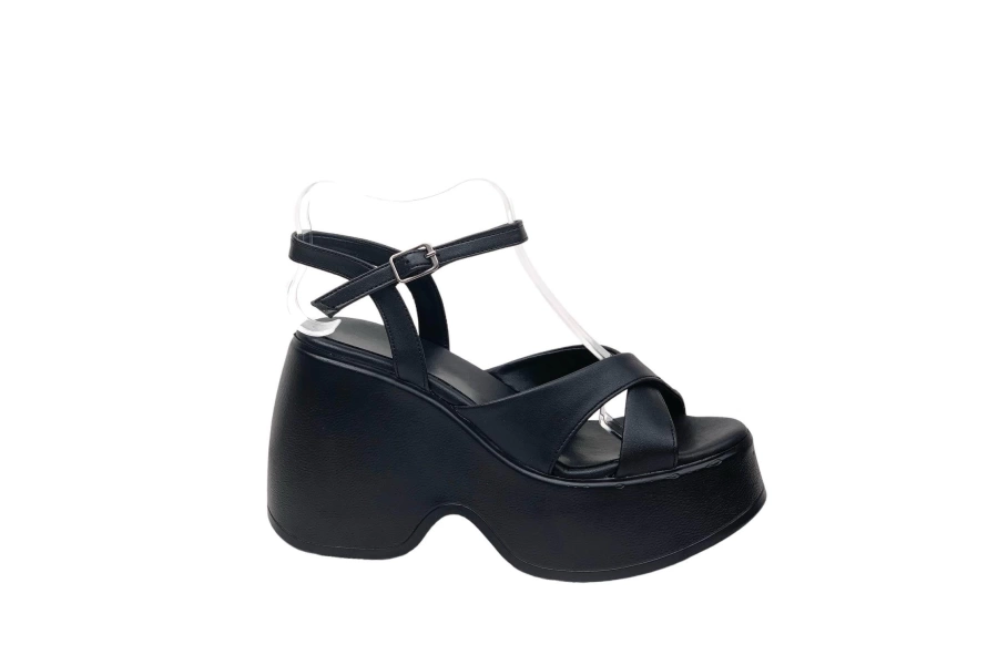 Shoecide Lux Kadın Retya Siyah Yüksek Dolgu Topuk Çaprazbant Sandalet 10 Cm Dlg20
