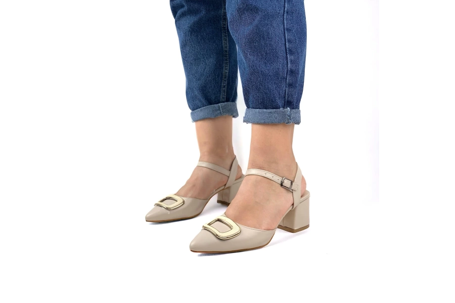Shoecide Lux Kadın Sare Bej Bilekten Bağlamalı Topuklu Ayakkabı Babet