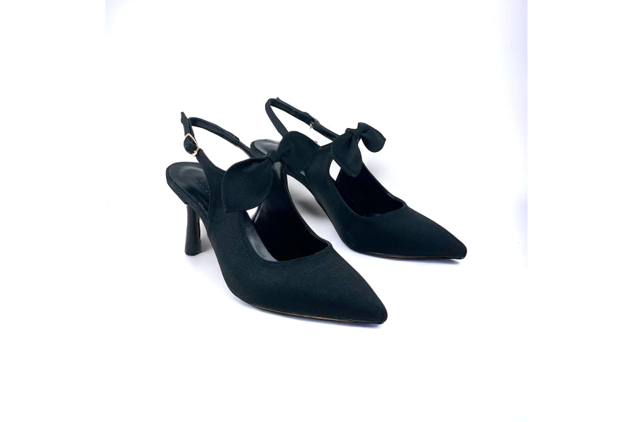 Shoecide Lux Kadın Siyah Kot Malzeme Tanb Fiyonk Detaylı Topuklu Sivri Burun Ayakkabı 7 Cm Topuk 602