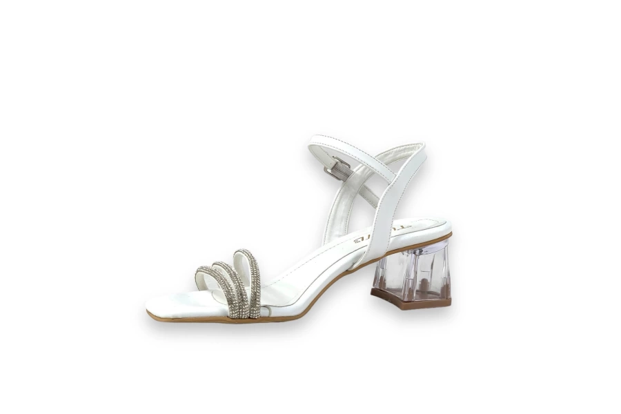 Shoecide Lux Kadın Tels Beyaz Alçak Şeffaf Topuk 3 Biyeli Taşlı Sandalet 5 Cm 213