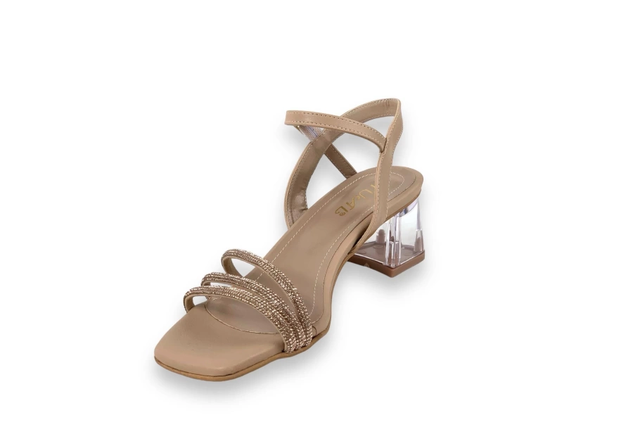 Shoecide Lux Kadın Tels Nut Alçak Şeffaf Topuk 3 Biyeli Taşlı Sandalet 5 Cm 213