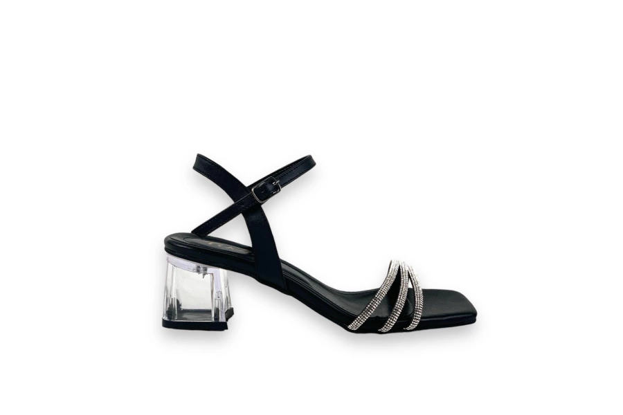 Shoecide Lux Kadın Tels Siyah Alçak Şeffaf Topuk 3 Biyeli Taşlı Sandalet 5 Cm 213