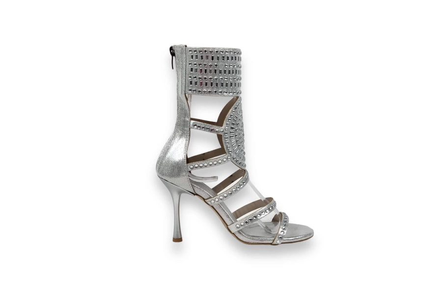 Shoecide Lux Kadın Tukl Gümüş Taşlı Fermuarlı İnce Topuklu Ayakkabı 9 Cm 1001
