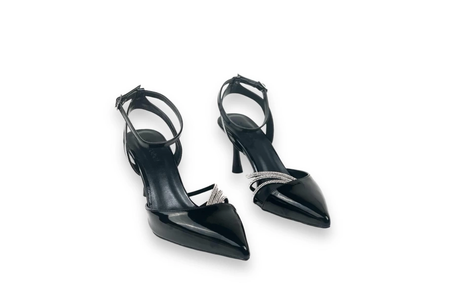 Shoecide Lux Kadın Uyha Siyah Sivri Burun 3 Bant Taş Detaylı Abiye Ayakkabı 7,5 Cm 702