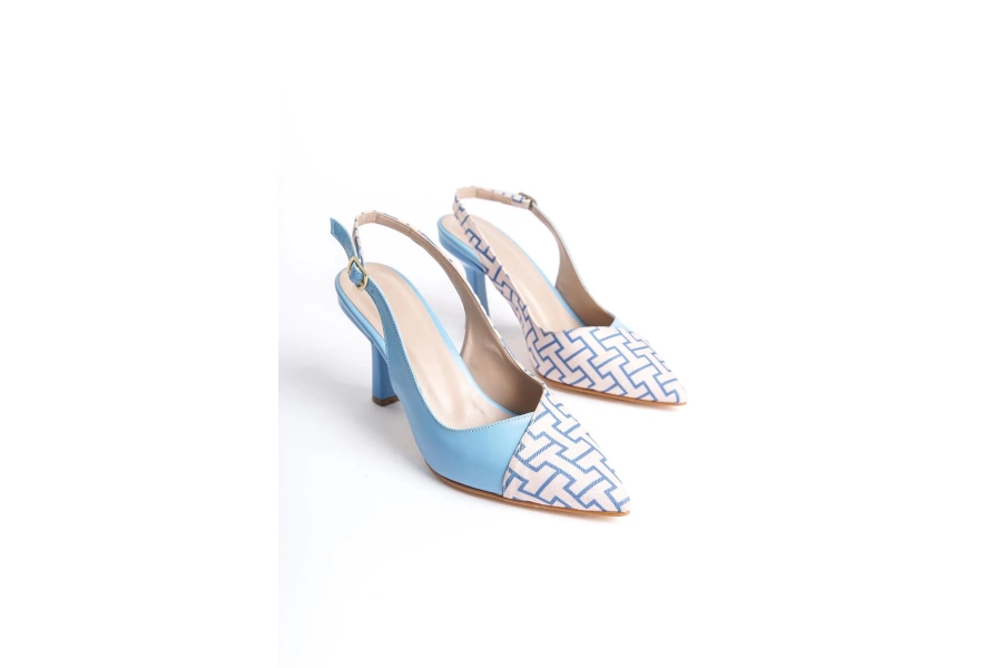 Shoecide Lux Yekl Mavi Cilt Kumaş Detaylı Topuklu Ayakkabı 307 (8) Cm Topuk