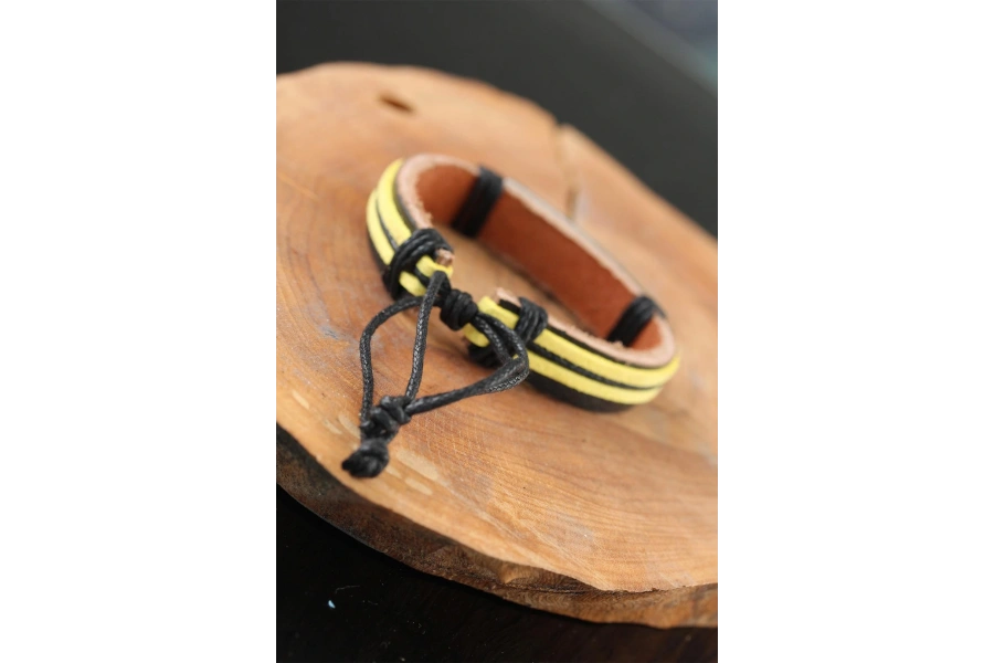 Shoecide Metal Aksesuarlı Sarı Siyah Renk Deri Erkek Bileklik