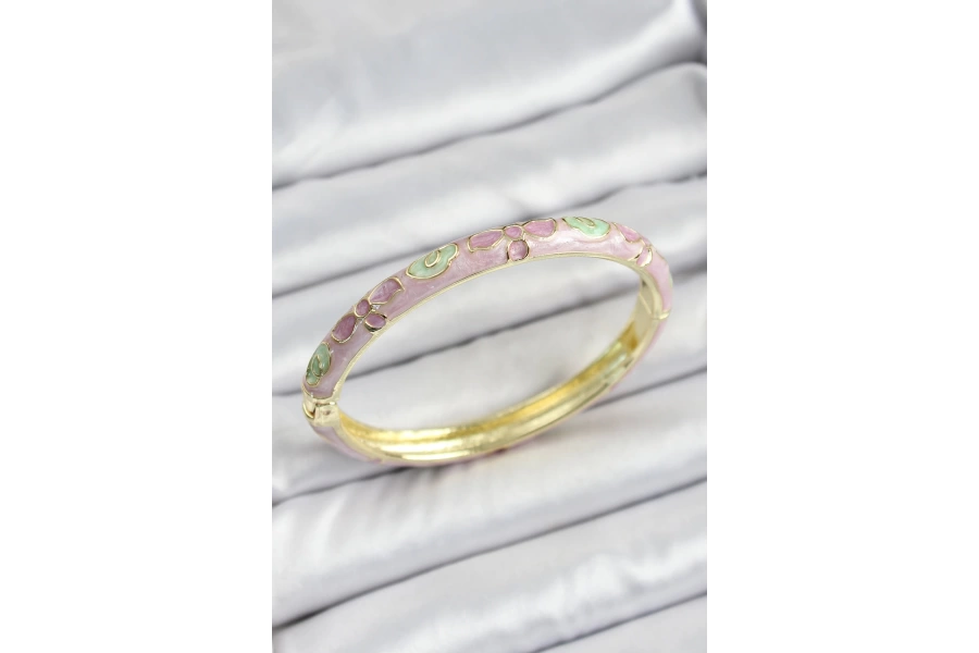 Shoecide Mineli Gold Renk Pirinç Pembe Çiçek Desenli Kadın Kelepçe
