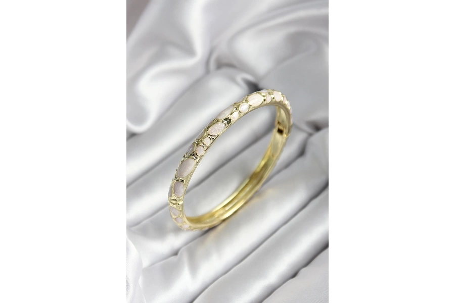 Shoecide Mineli Pirinç Krem Çiçek Desenli Gold Renk Kadın Kelepçe (çap 60 Mm)