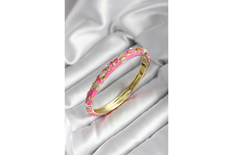 Shoecide Mineli Pirinç Pembe Çiçek Desenli Gold Renk Kadın Kelepçe