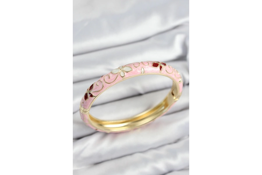 Shoecide Mineli Pirinç Pembe Çiçek Motifli Gold Kadın Kelepçe