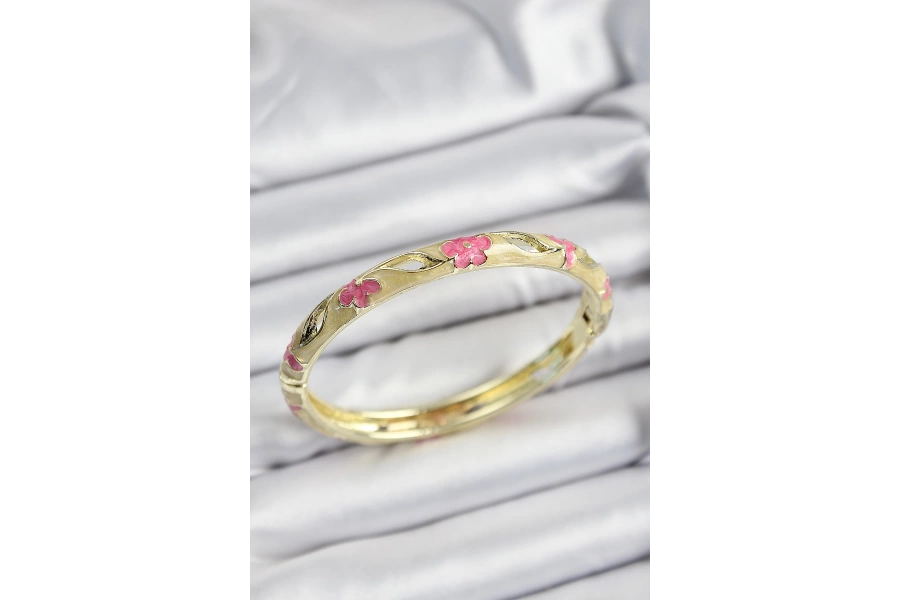 Shoecide Mineli Pirinç Pembe Ve Hardal Çiçek Motifli Gold Renk Kadın Kelepçe