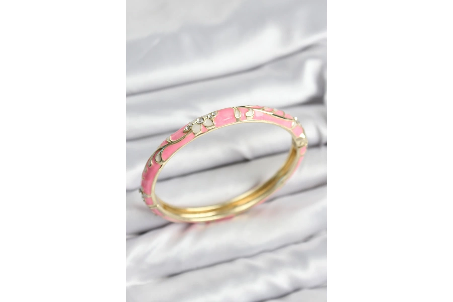 Shoecide Mineli Pirinç Zirkon Taşlı Pembe Çiçek Motifli Gold Kadın Kelepçe
