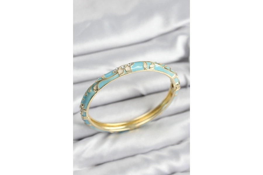 Shoecide Mineli Pirinç Zirkon Taşlı Turkuaz Çiçek Motifli Gold Kadın Kelepçe