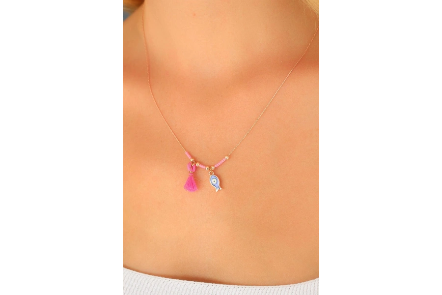 Shoecide Nazar Boncuklu Pembe Renk Taşlı Rose Bayan Kolye