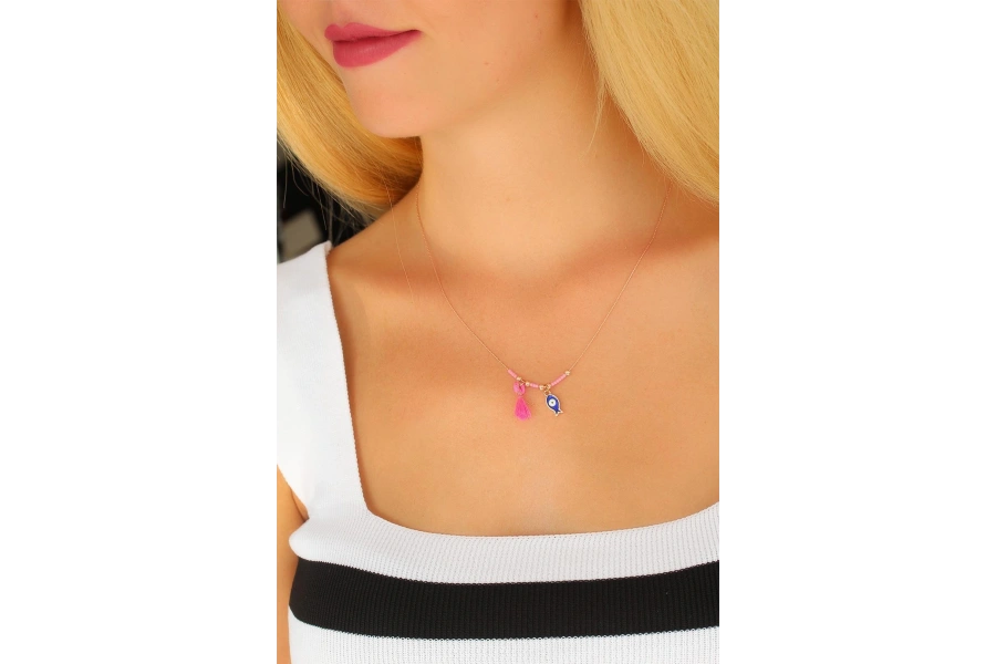 Shoecide Nazar Boncuklu Pembe Renk Taşlı Rose Bayan Kolye