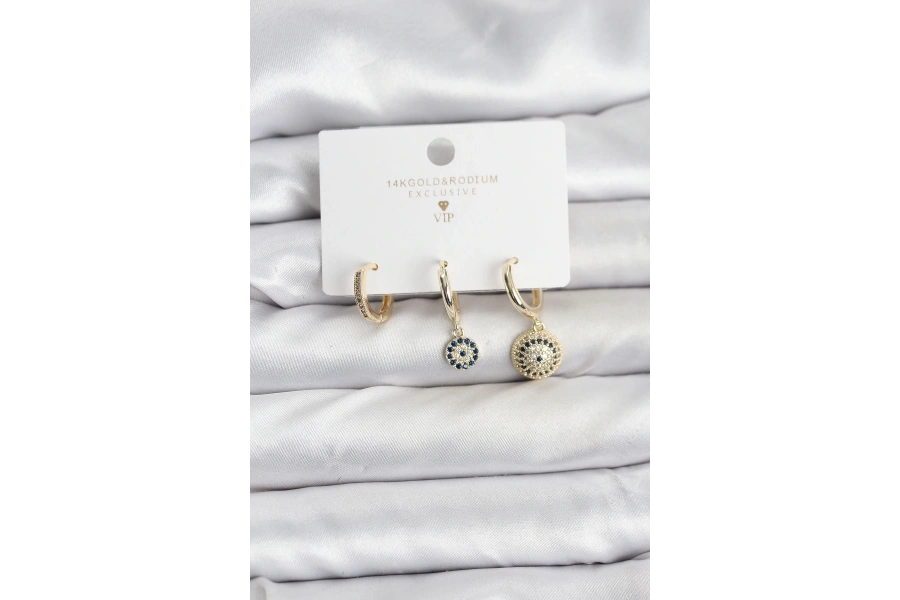 Shoecide Nazar Model Gold Renk Pirinç 3lü Kadın Küpe Seti