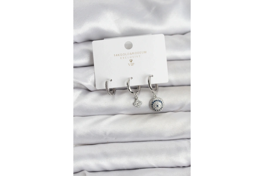 Shoecide Nazar Model Gümüş Renk Pirinç 3lü Kadın Küpe Seti