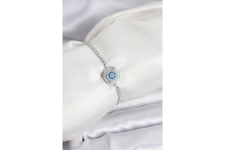 Shoecide Nazar Model Zirkon Taşlı Gümüş Renk Asansörlü Su Yolu Bileklik