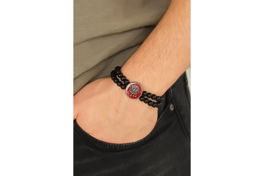 Shoecide Osmanlı Tuğralı Kırmızı Metal Aksesuarlı Siyah Oniks Doğal Taş Erkek Bileklik