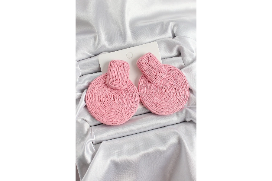 Shoecide Pembe Daire Figürlü Hasır Örgü Model Gold Renk Kadın Küpe