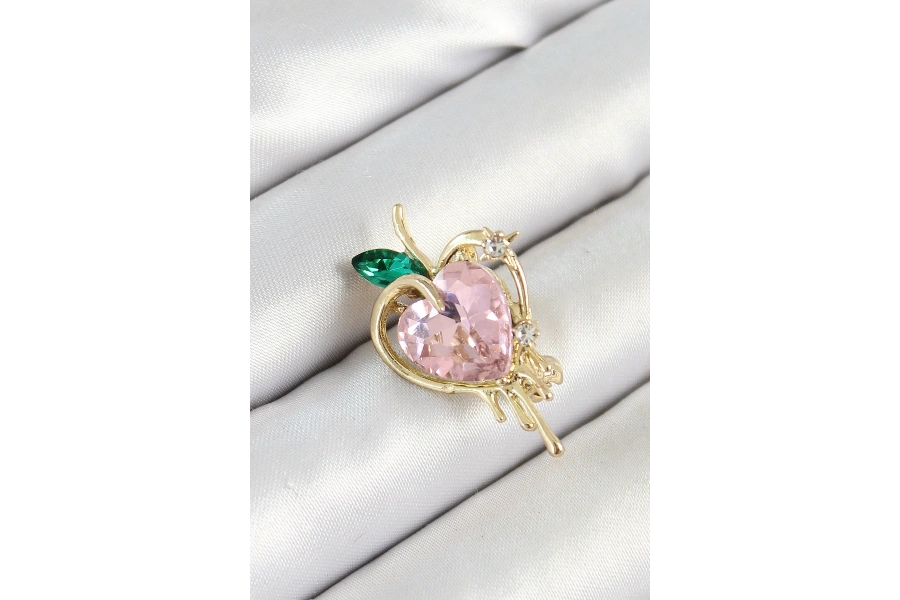 Shoecide Pembe Ve Yeşil Zirkon Taşlı 3d Eriyen Kalp Figürlü Gold Renk Kadın Broş