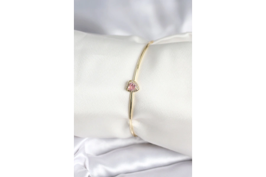 Shoecide Pembe Zirkon Taşlı Kalp Model Gold Renk Kadın Bileklik