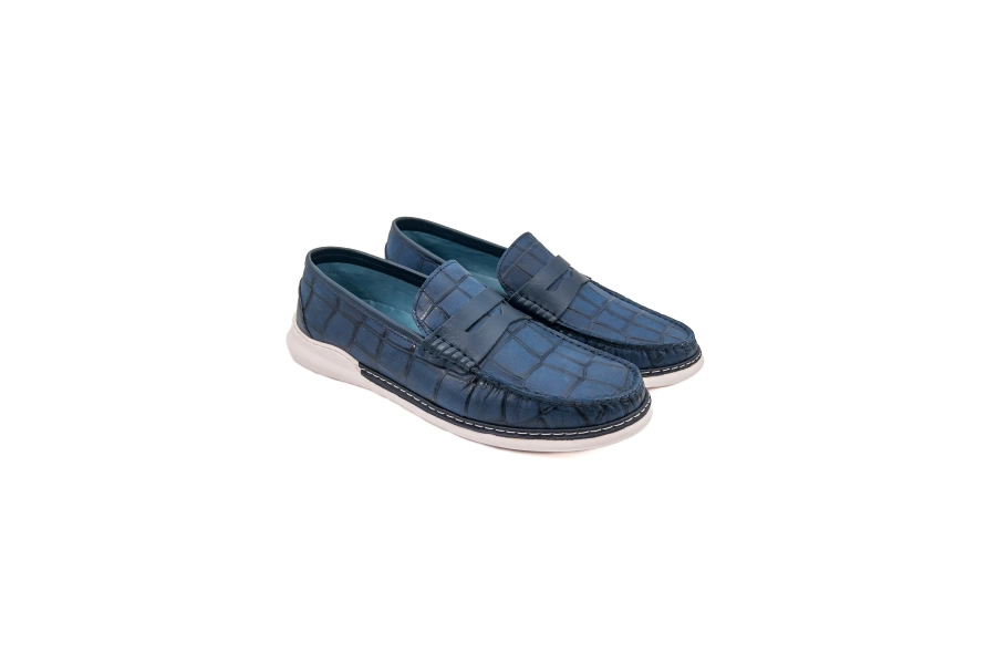 Shoecide Pergamon Mavi Kroko Desenli Hakiki Deri Erkek Günlük Ayakkabı