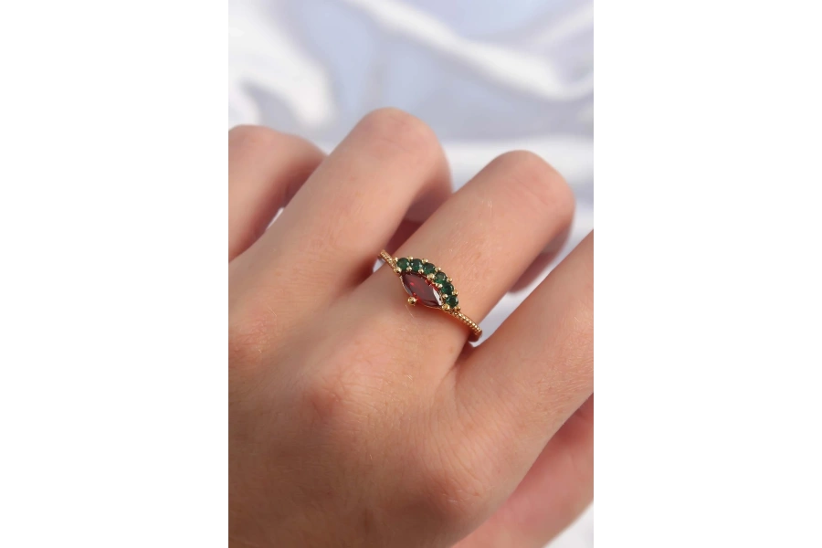 Shoecide Pirinç Altın Renk Renkli Zirkon Taşlı Ayarlanabilir Karpuz Model Yüzük