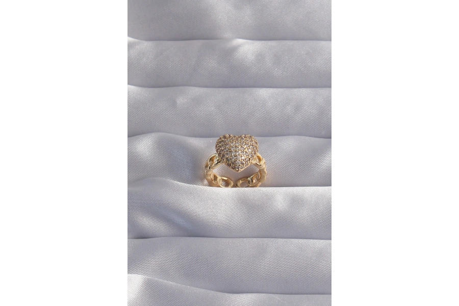 Shoecide Pirinç Ayarlamalı Gold Renk Zirkon Taşlı Bombeli Kalp Yüzük