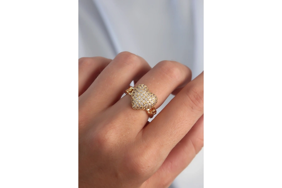 Shoecide Pirinç Ayarlamalı Gold Renk Zirkon Taşlı Bombeli Kalp Yüzük