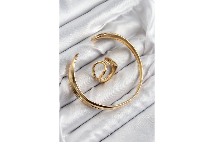 Shoecide Pirinç Ayrık Model Gold Renk Bileklik Yüzük Set