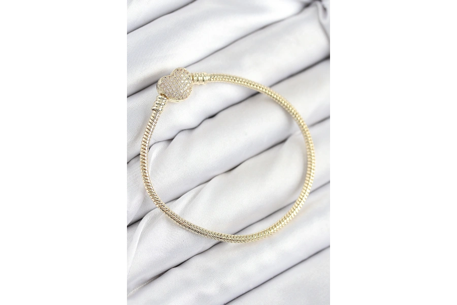 Shoecide Pirinç Charm Zirkon Taşlı Kalp Model Gold Renk Kadın Bileklik
