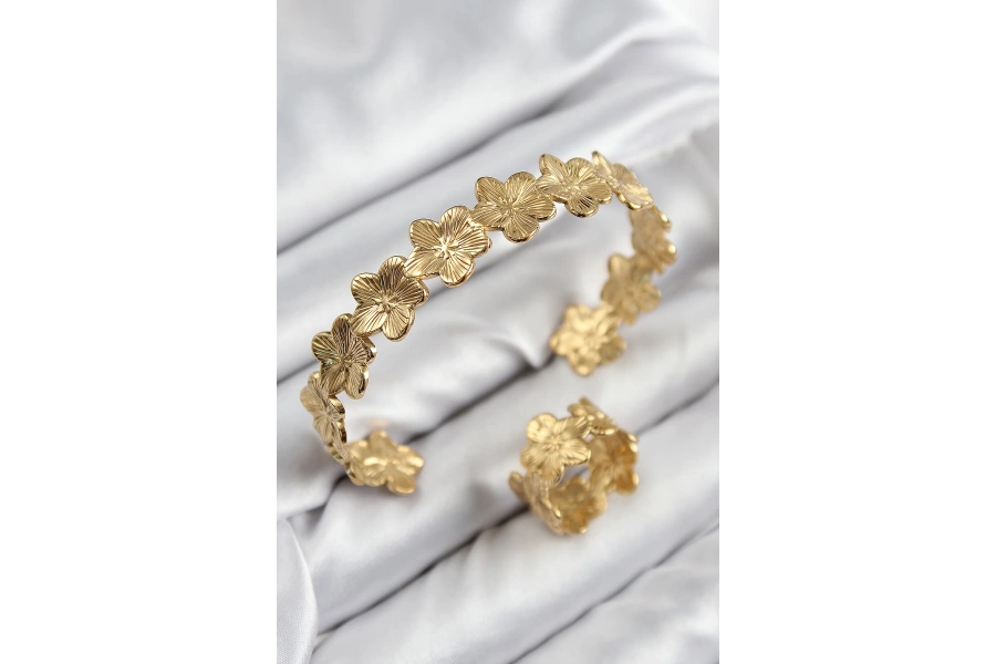Shoecide Pirinç Çiçek Model Gold Renk Bileklik Yüzük Set