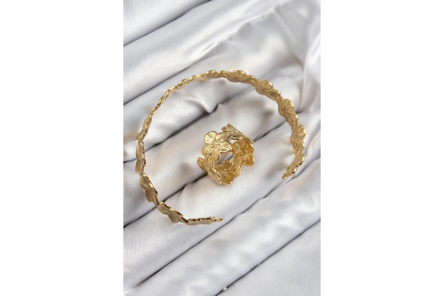Shoecide Pirinç Çiçek Model Gold Renk Bileklik Yüzük Set