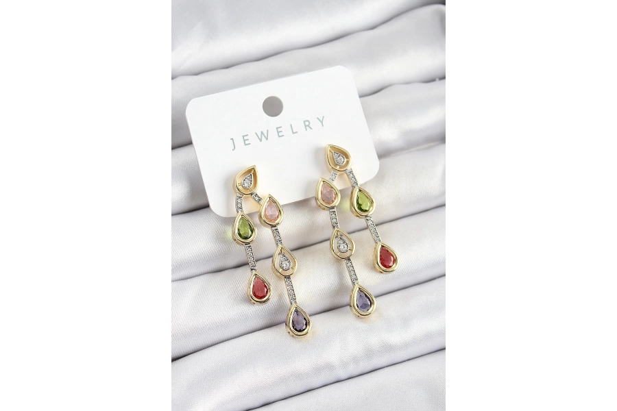 Shoecide Pirinç Çoklu Damla Model Karşık Zirkon Taşlı Gold Ve Gümüş Renk Kadın Küpe