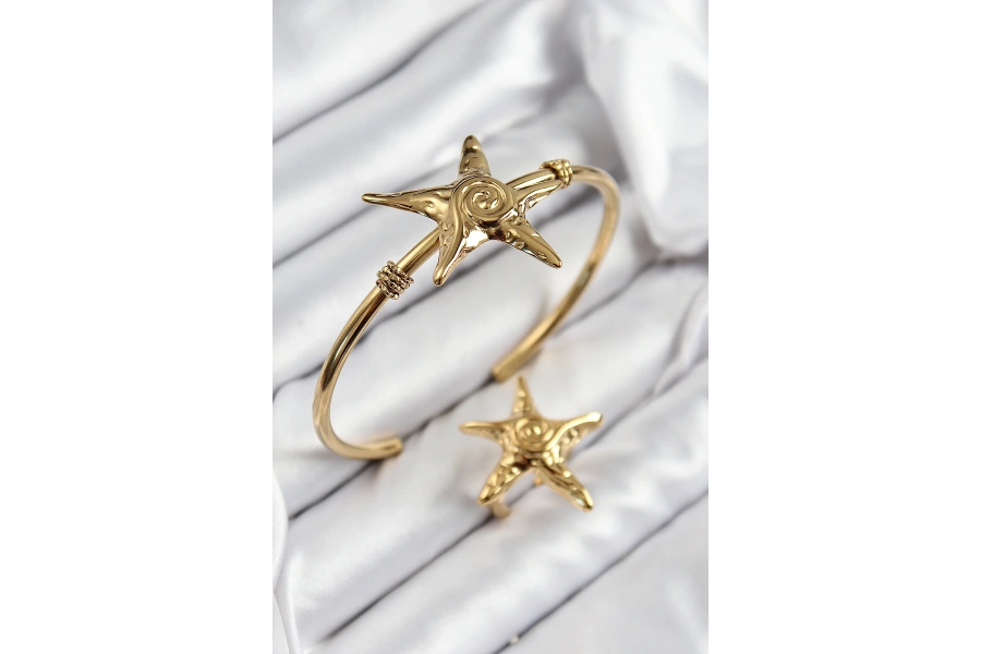 Shoecide Pirinç Deniz Yıldızı Model Gold Renk Bileklik Yüzük Set