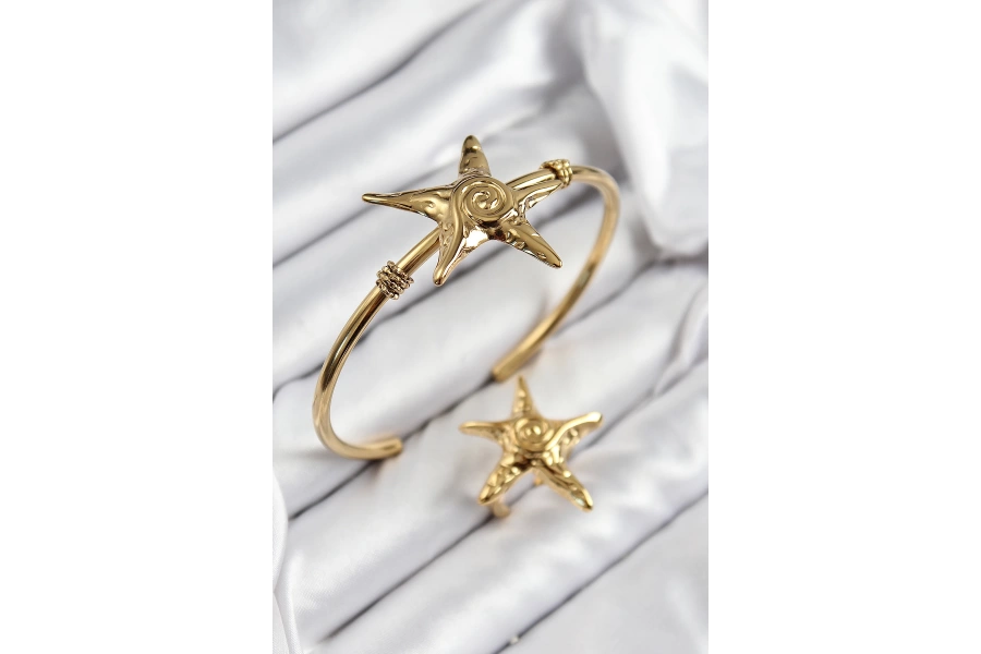 Shoecide Pirinç Deniz Yıldızı Model Gold Renk Bileklik Yüzük Set