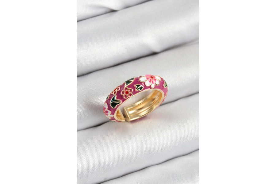 Shoecide Pirinç Fuşya Mineli Çiçek Motifli Gold Renk Ayarlanabilir Kadın Yüzük