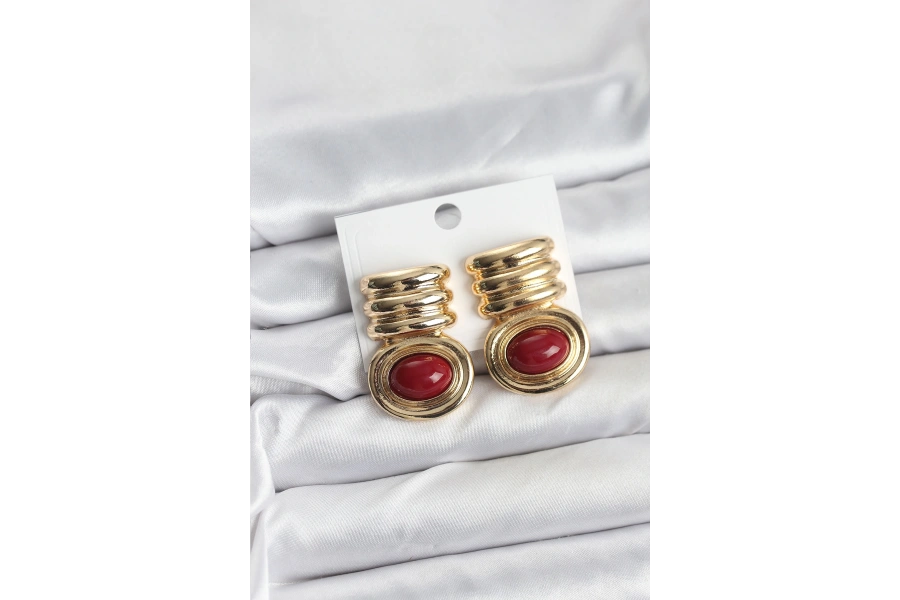 Shoecide Pirinç Gold Bordo Renk Vintage Kadın Küpe