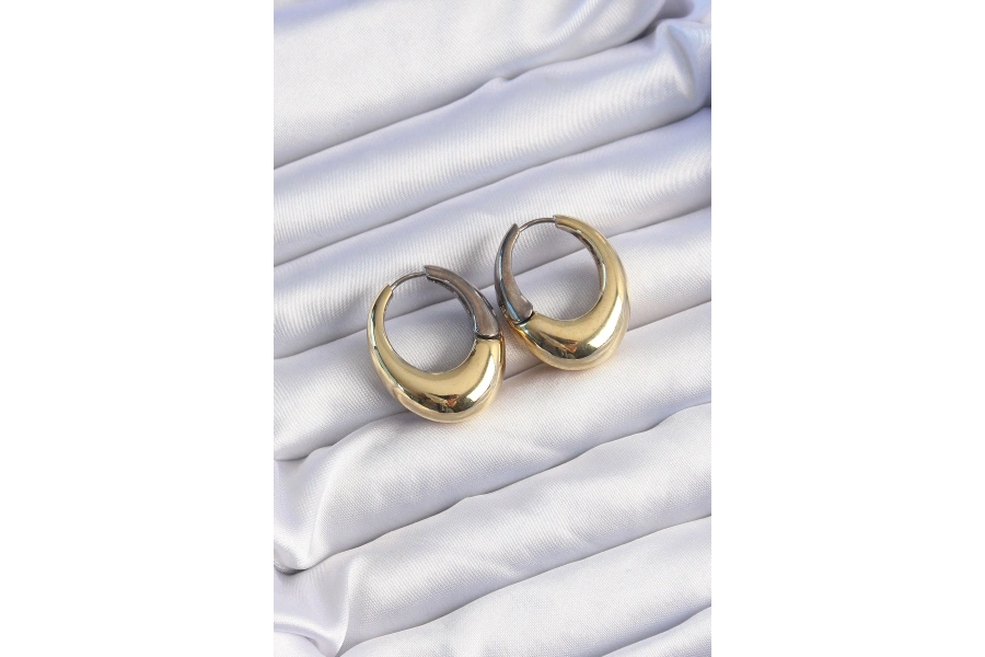 Shoecide Pirinç Gold Gümüş Renkli Oval Bombeli Küpe