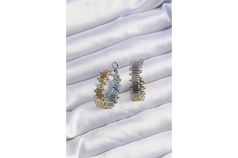 Shoecide Pirinç Gold Gümüş Renkli Tırtıklı Halka Küpe