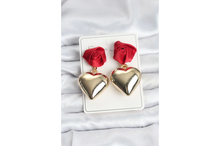 Shoecide Pirinç Gold Kalpli Kırmızı Gül Model Kadın Küpe