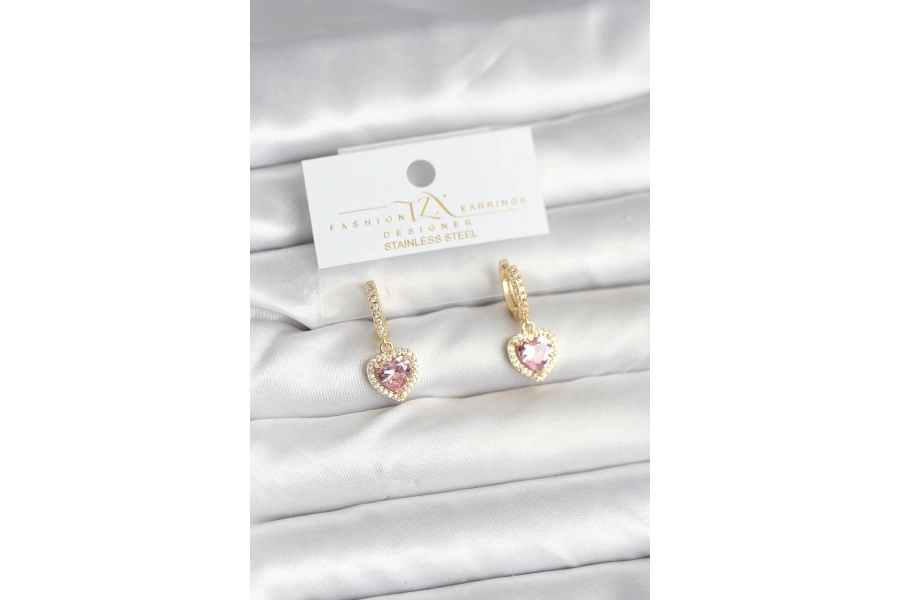 Shoecide Pirinç Gold Pembe Renk Zirkon Taşlı Kalp Model Kadın Küpe