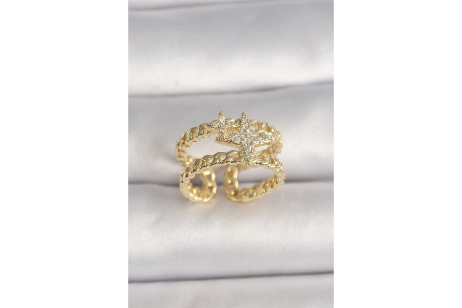 Shoecide Pirinç Gold Renk 2li Zincir Zirkon Taşlı Yıldız Figür Kadın Yüzük