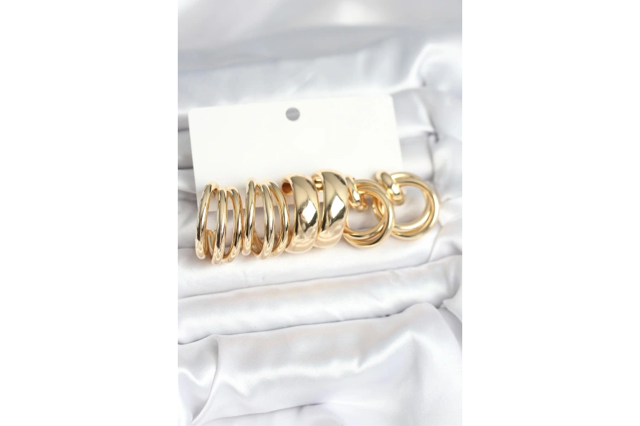 Shoecide Pirinç Gold Renk 3 Çift Vintage Kadın Küpe Seti